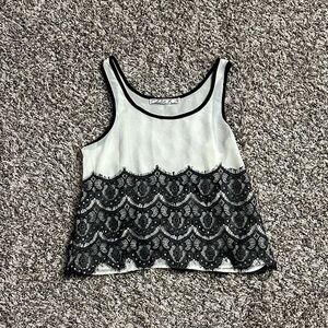 CHLOE K Sleeveless Ivory-White Stretch Black Lace Eyelash Trim Chiffon Top